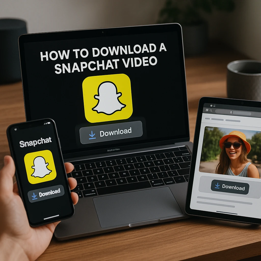 Professional workspace with multiple devices showing Snapchat video downloading process, modern aesthetic