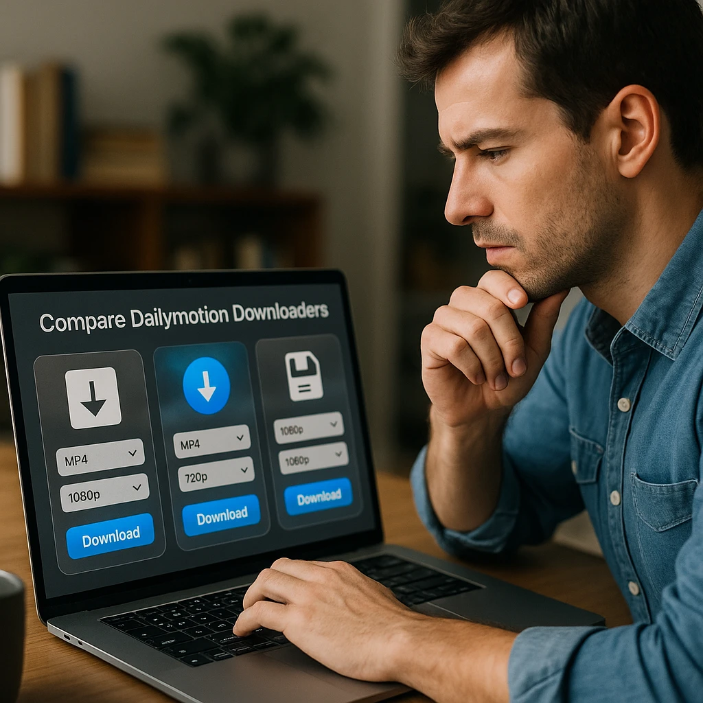 Utilisateur comparant différents outils de téléchargement Dailymotion avec des paramètres de qualité et des options de téléchargement