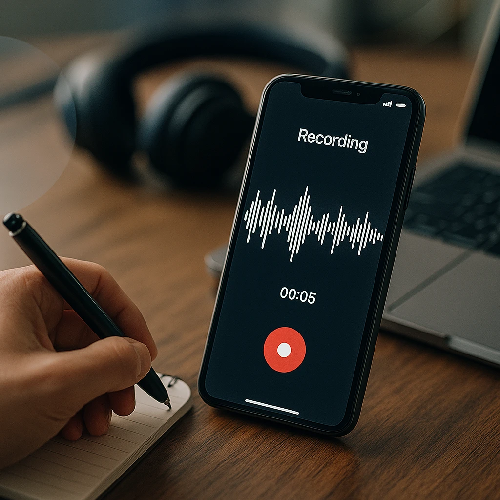 smartphone with voice recording interface showing waveforms and recording controls