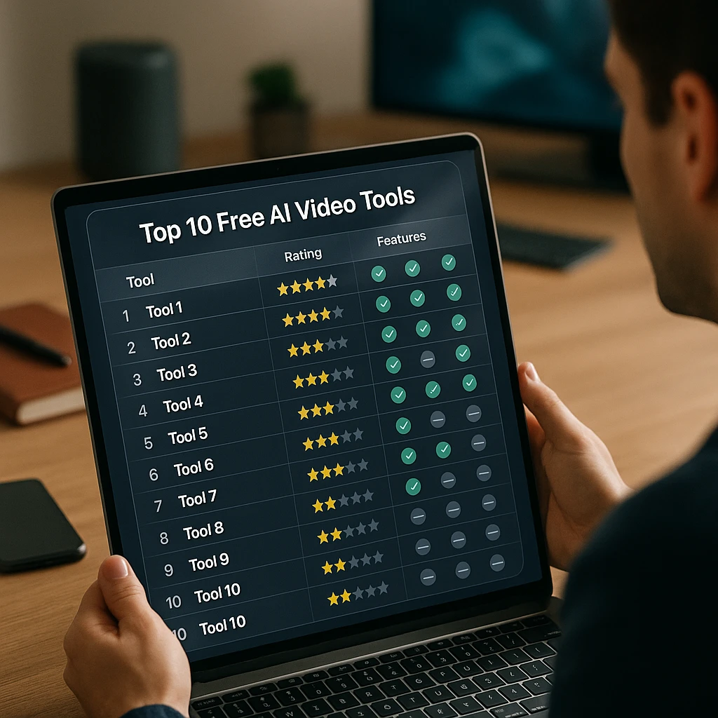 Comparison dashboard of top free AI video tools with ratings and features displayed