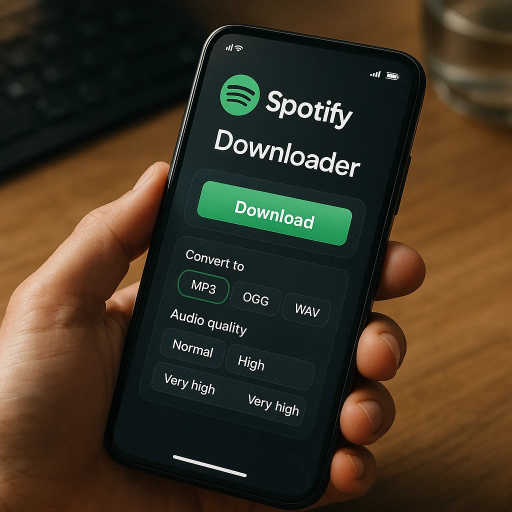 Téléphone portable affichant l'interface de l'application de téléchargement Spotify avec des options de conversion audio de haute qualité