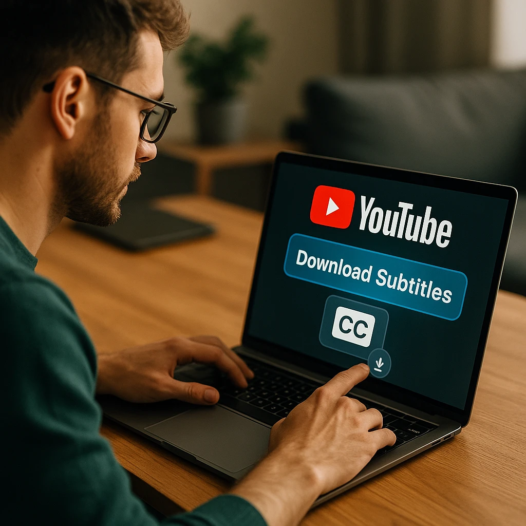 Person downloading YouTube subtitles on laptop
