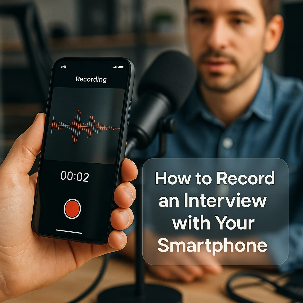 person using smartphone to record interview with high-quality audio equipment