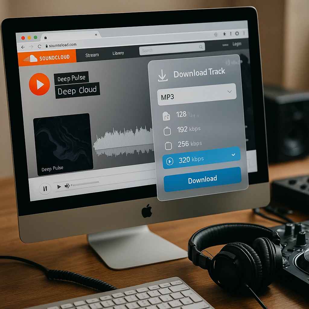 Desktop computer showing browser extension downloading SoundCloud track with quality options and metadata