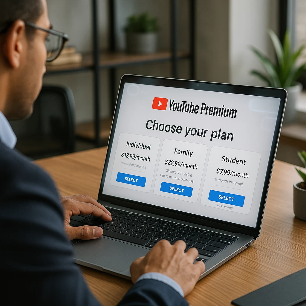 Professionnel comparant les forfaits d'abonnement YouTube Premium sur un écran d'ordinateur portable avec les paliers de prix visibles
