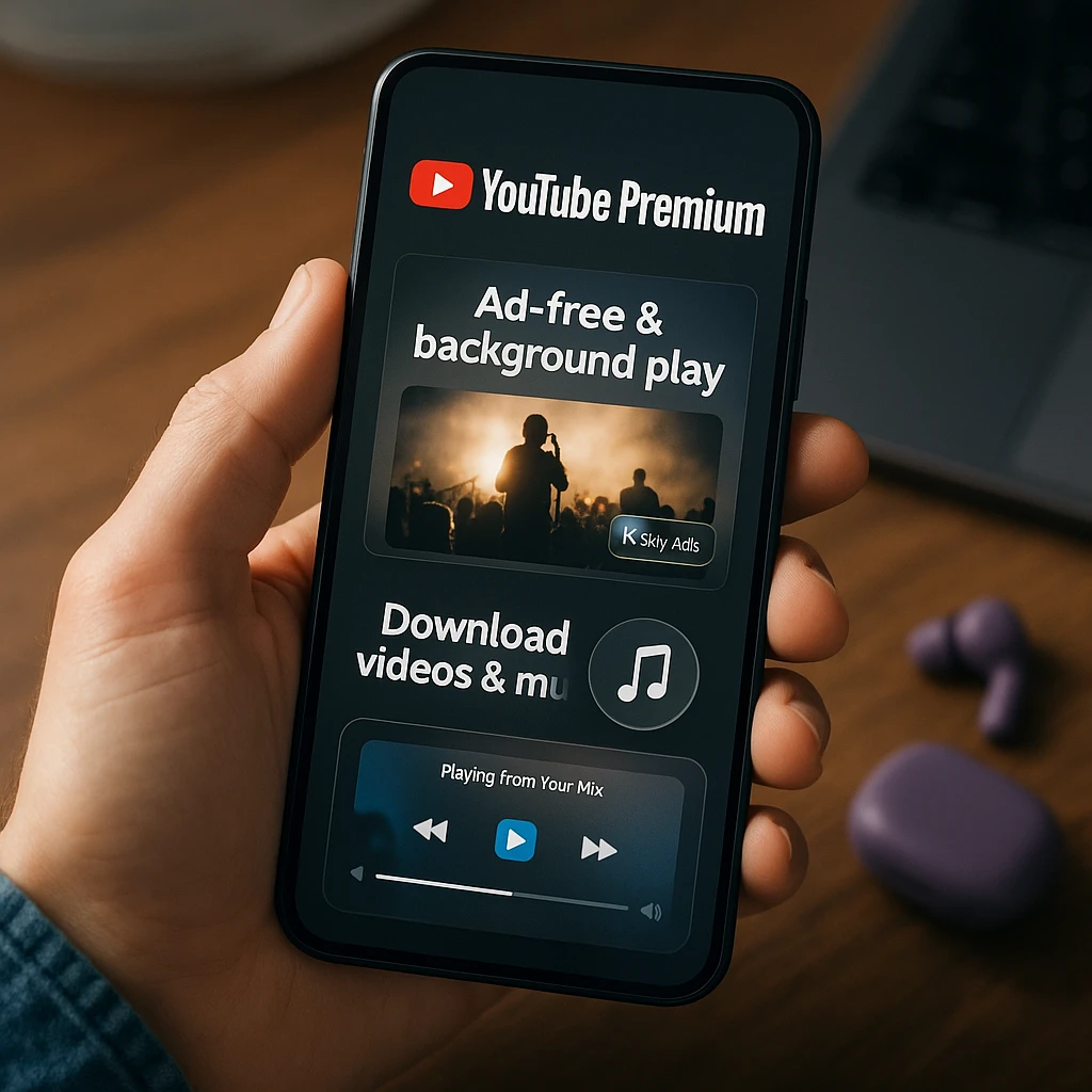 Smartphone moderne affichant l'interface YouTube Premium avec lecture vidéo sans publicité et fonctions de streaming musical